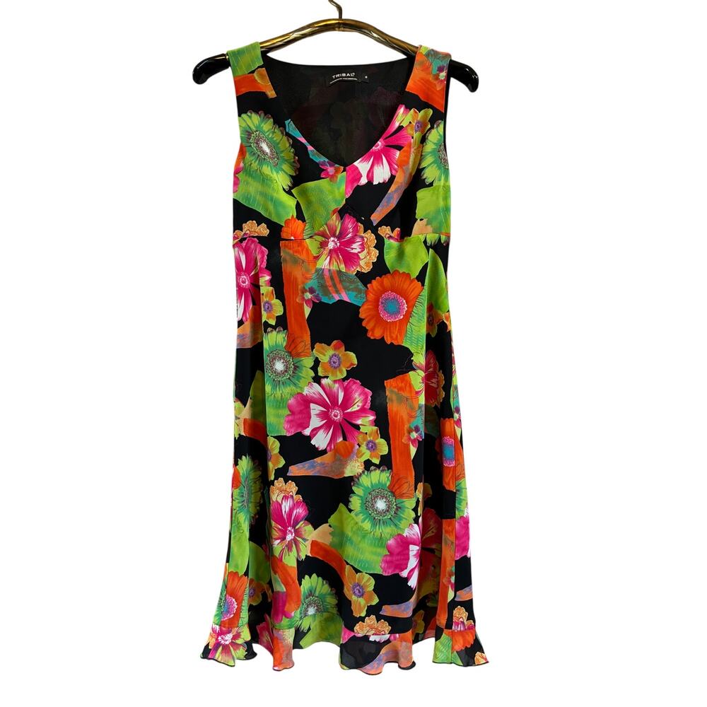 Tribal Dress Vintage A-Line Vibrant Tropical Floral Ruffle Hem V-Neck Lined Sz 8